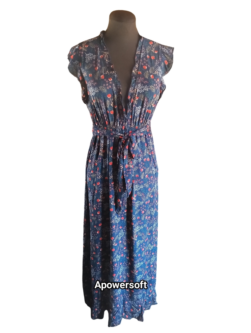 Apricot Navy Botanical Floral Midi Dress Tie Waist Size Medium